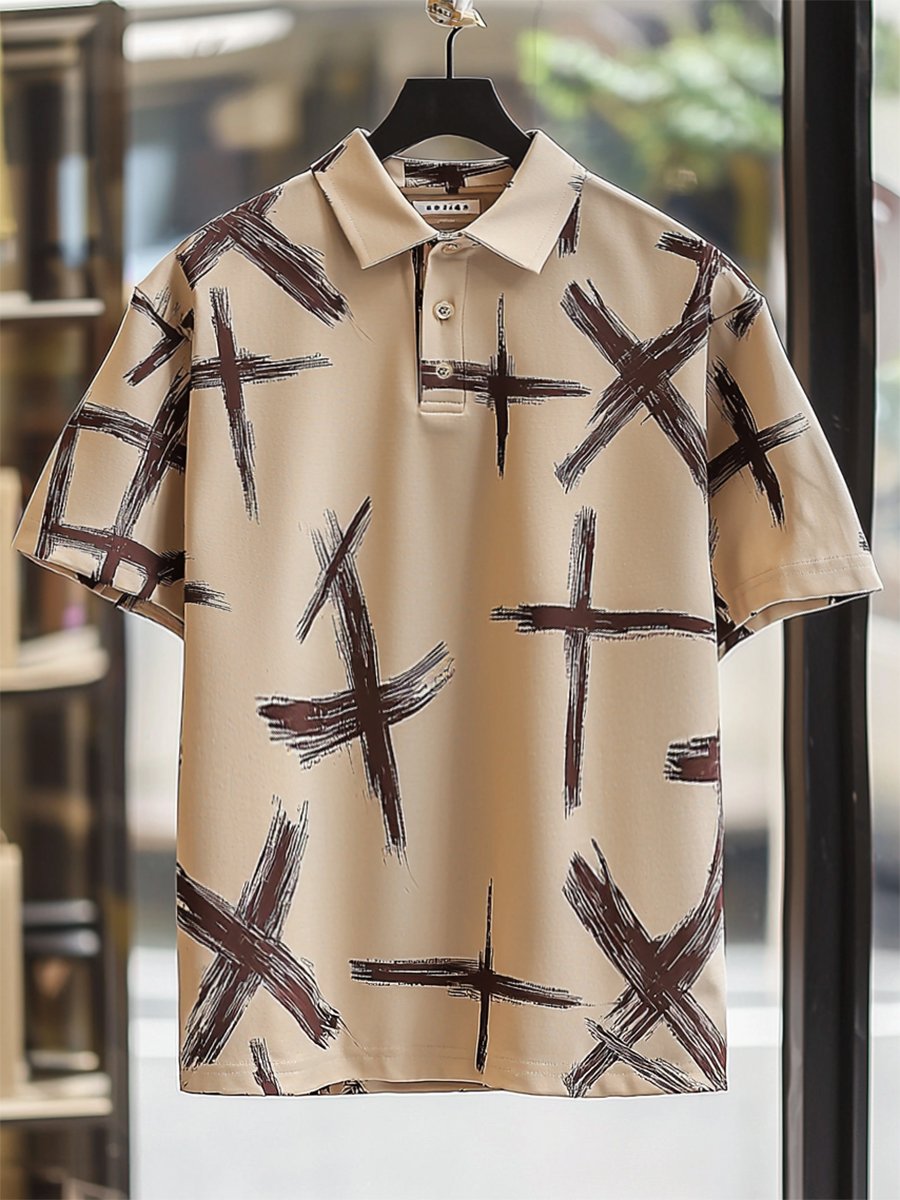 Men's Vintage Casual Cross Art Button Short Sleeve Polo Shirt