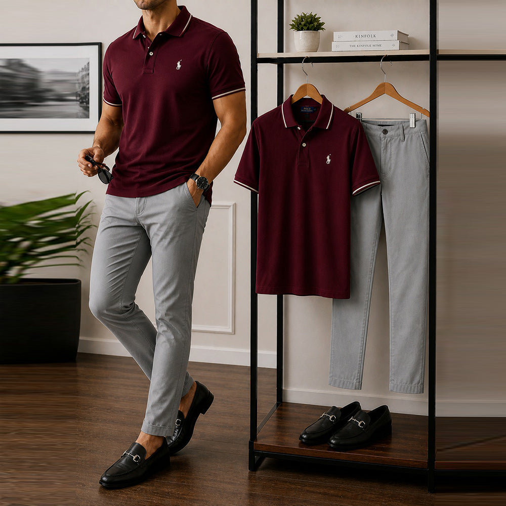 Men's Casual Burgundy Trimmed Collar Polo Shirt And Light Gray Pants Two-Piece Set