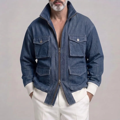 Men's Casual Solid Color Multi-Pocket Ribbed Hem Zip-Up Denim Jacket