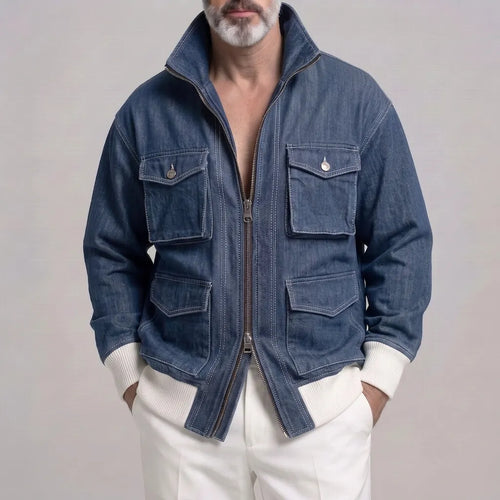 Men's Casual Solid Color Multi-Pocket Ribbed Hem Zip-Up Denim Jacket