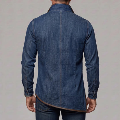 Men's Denim Stand Collar Contrast PU Leather Trim Side Slit Half Zip Slim Fit Sweatshirt