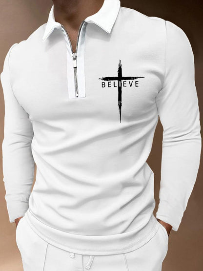 Men's Believe Cross Print Long Sleeve Polo Shirt