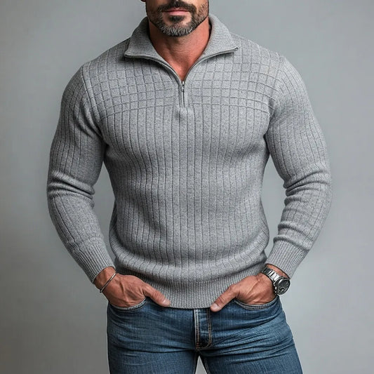 Men's Casual Gray Textured Ribbed Knit Slim Fit Quarter Zip Pullover Sweater