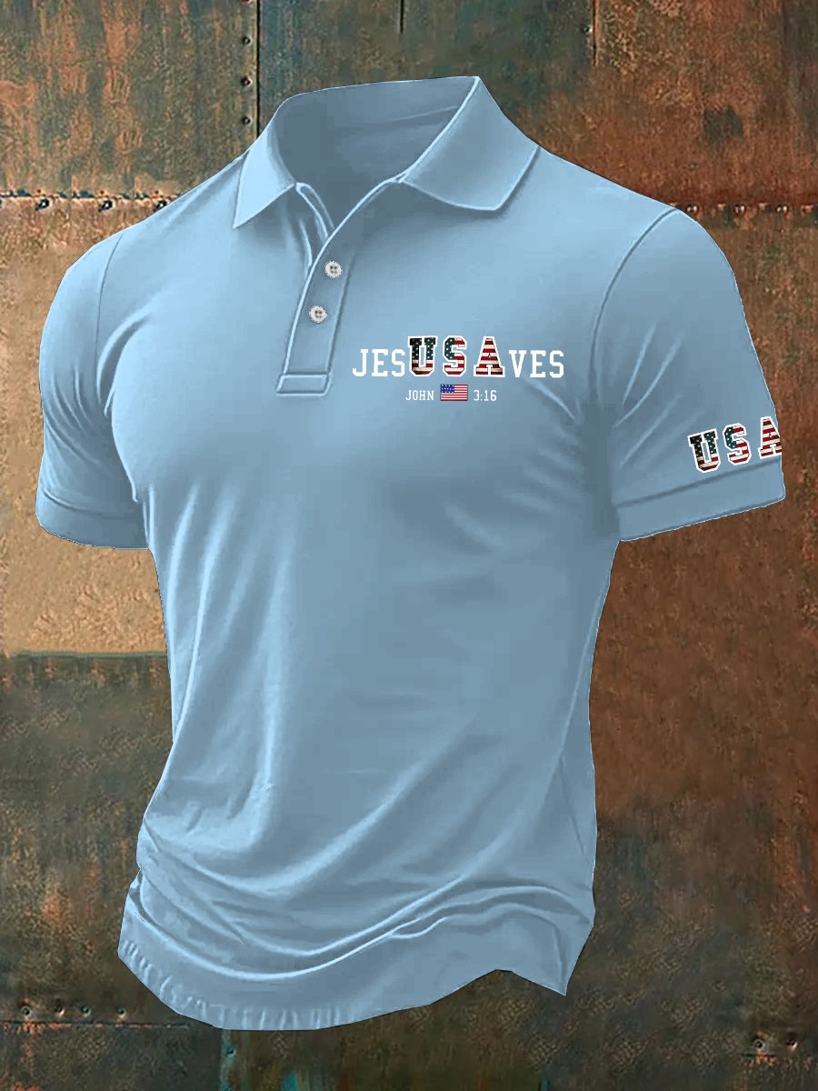 Men's Vintage USA Jesus Saves  Printed Polo Shirt