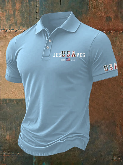 Men's Vintage USA Jesus Saves  Printed Polo Shirt