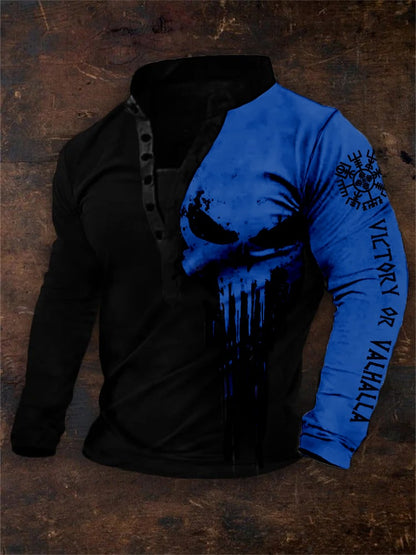 Men's Vintage Victory Or Valhalla Vegvisir Skull Contrast Print Henley Collar Sweatshirt
