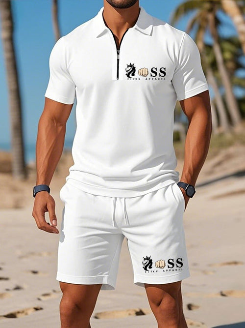 Men's Retro Letter Design Casual Business Short Sleeve Polo Shirt Suit