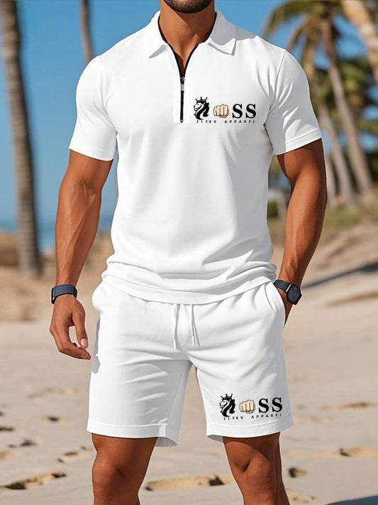 Men's Retro Letter Design Casual Business Short Sleeve Polo Shirt Suit