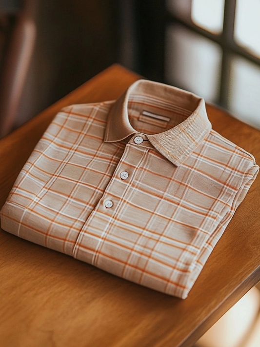 Men's Business Casual Plaid Button Short Sleeve Polo Shirt
