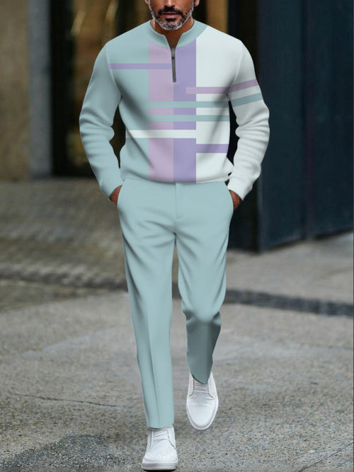 Men's Casual Multi Green Color Matching Geometric Printed Round-Neck Zipper Long Sleeved Sweatshirt & Trousers Two-Piece Set