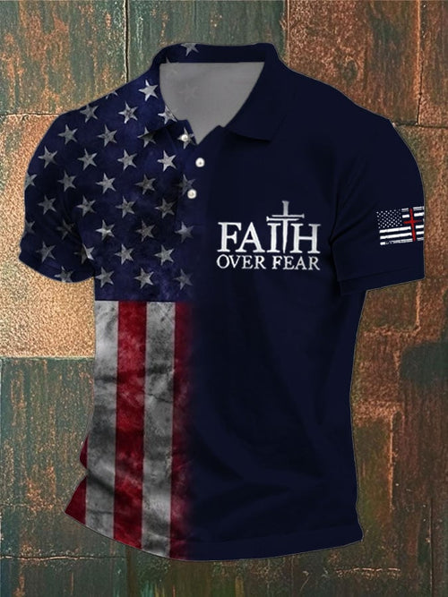 Men's Faith Cross America Flag Printed Short Sleeve POLO T-shirt