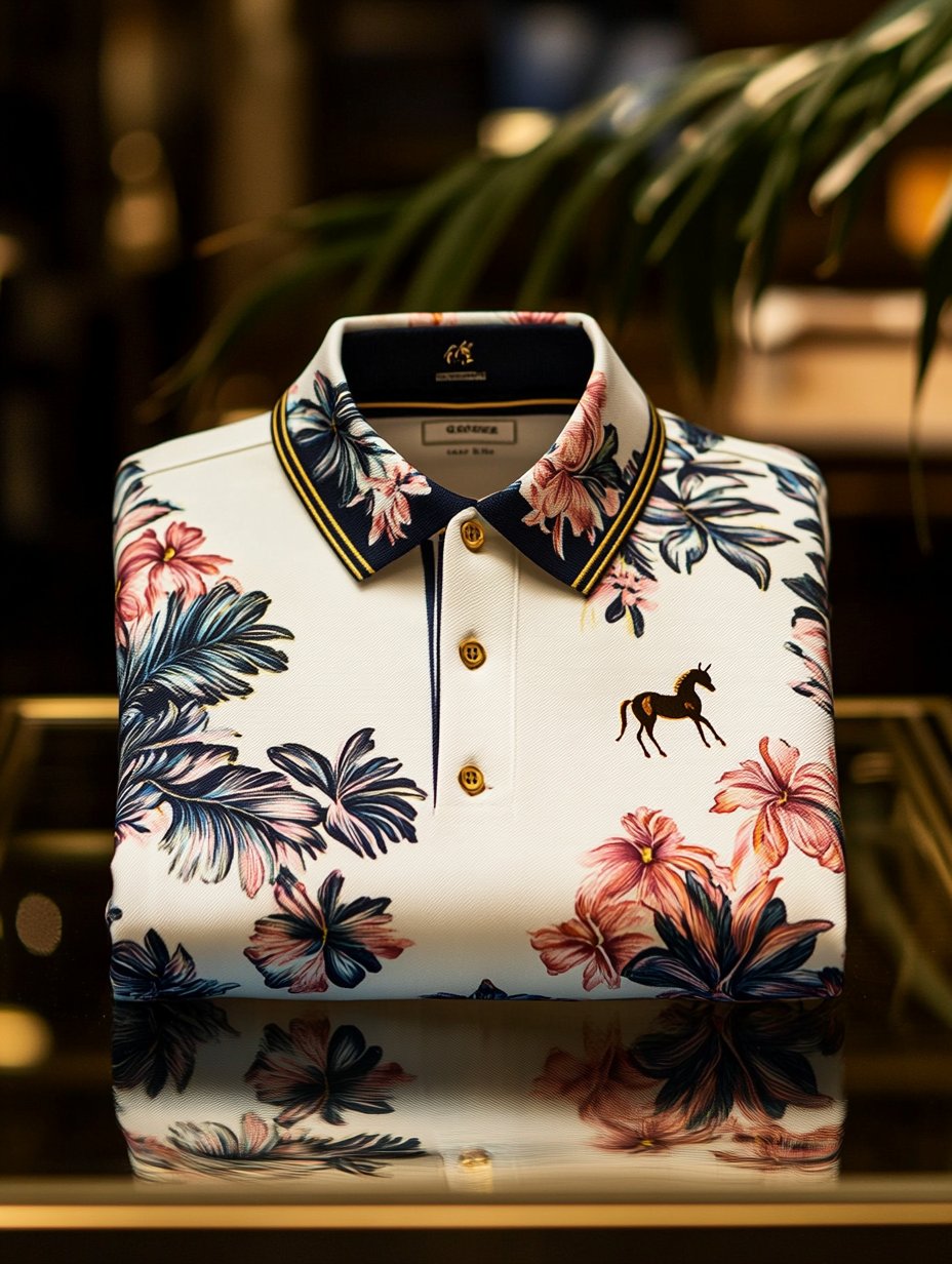 Men's Business Casual Floral Print Pony Button Short Sleeve Polo Shirt