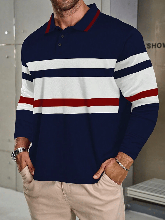 Men's Striped Business Casual Long Sleeve Polo Shirt