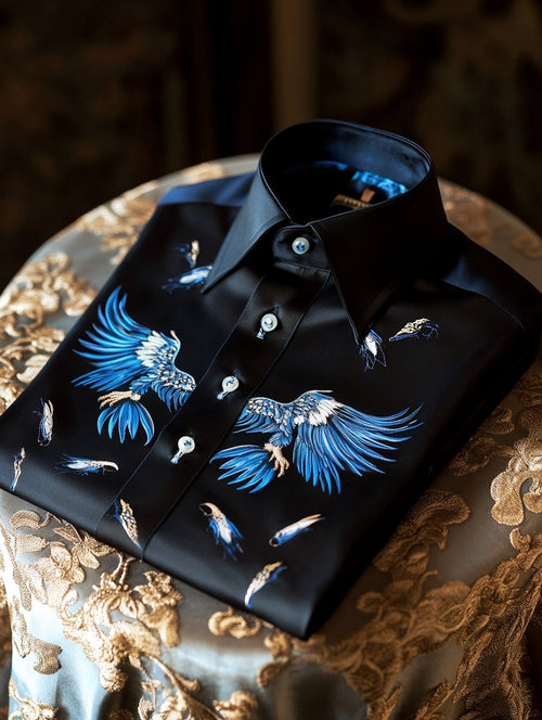 Men's business casual eagle wings and feathers design lapel short sleeve shirt