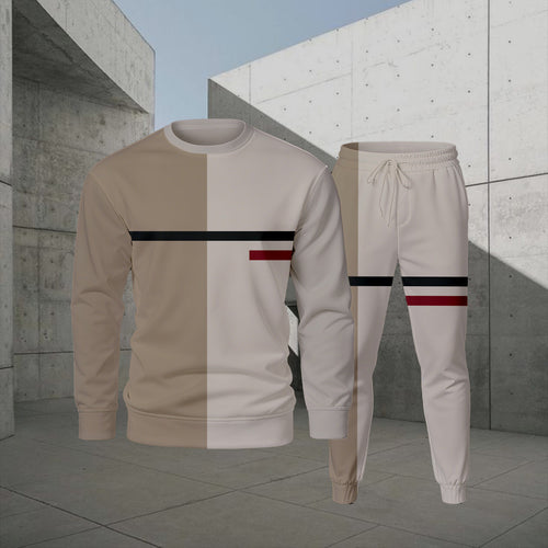 Men's Casual Color Matching Printed Round-Neck Long-Sleeve Sweatshirts Trousers Two-Piece Set