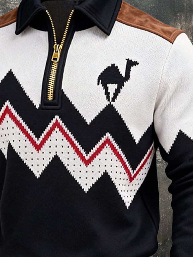 Men's Retro Color Block Print Zipper Sweatshirt