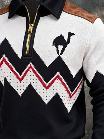 Men's Retro Color Block Print Zipper Sweatshirt
