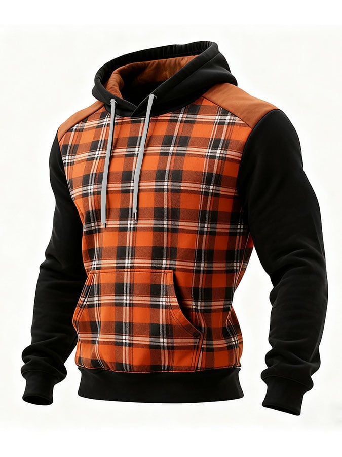 Men's Casual Retro Plaid Print Long Sleeve Hooded Sweatshirt