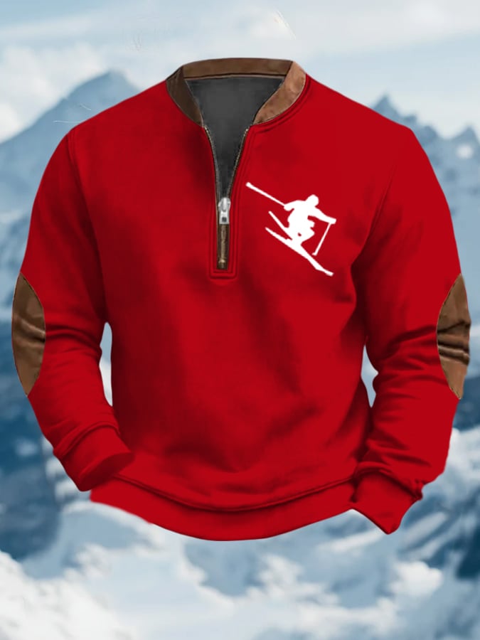 Men's Vintage Apres-Ski Design Printed Zip Collar Sweatshirt