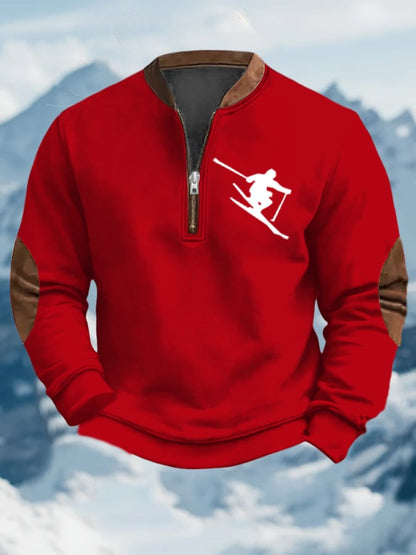 Men's Vintage Apres-Ski Design Printed Zip Collar Sweatshirt