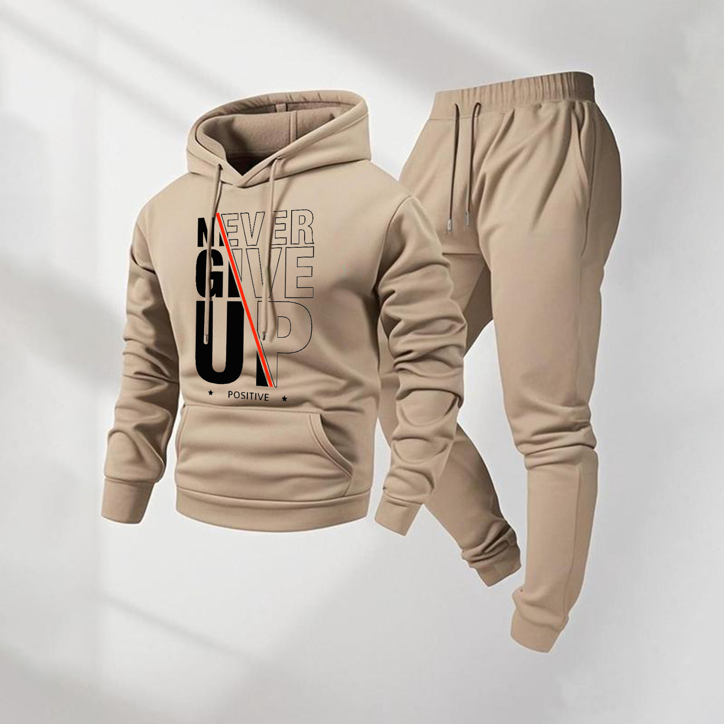 Men's Never Give Up Letter Pattern Print Hoodie and Drawstring Sweatpants Set, Menswear, Casual Athletic Long Sleeve Hooded Jacket & Trousers for Fall & Winter, Men's Clothing for Daily Wear, Sportswear Indoor Outdoor, Tracksuit, Athleisure