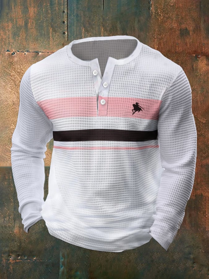 Men's Vintage Waffle Color Patch Henley Neck T-Shirt