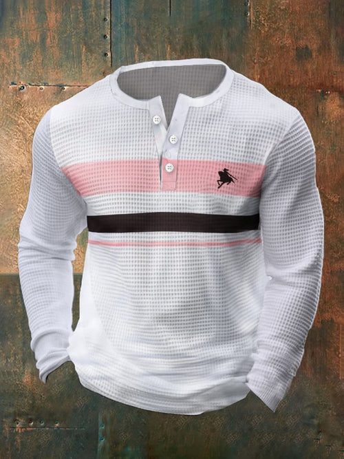 Men's Vintage Waffle Color Patch Henley Neck T-Shirt