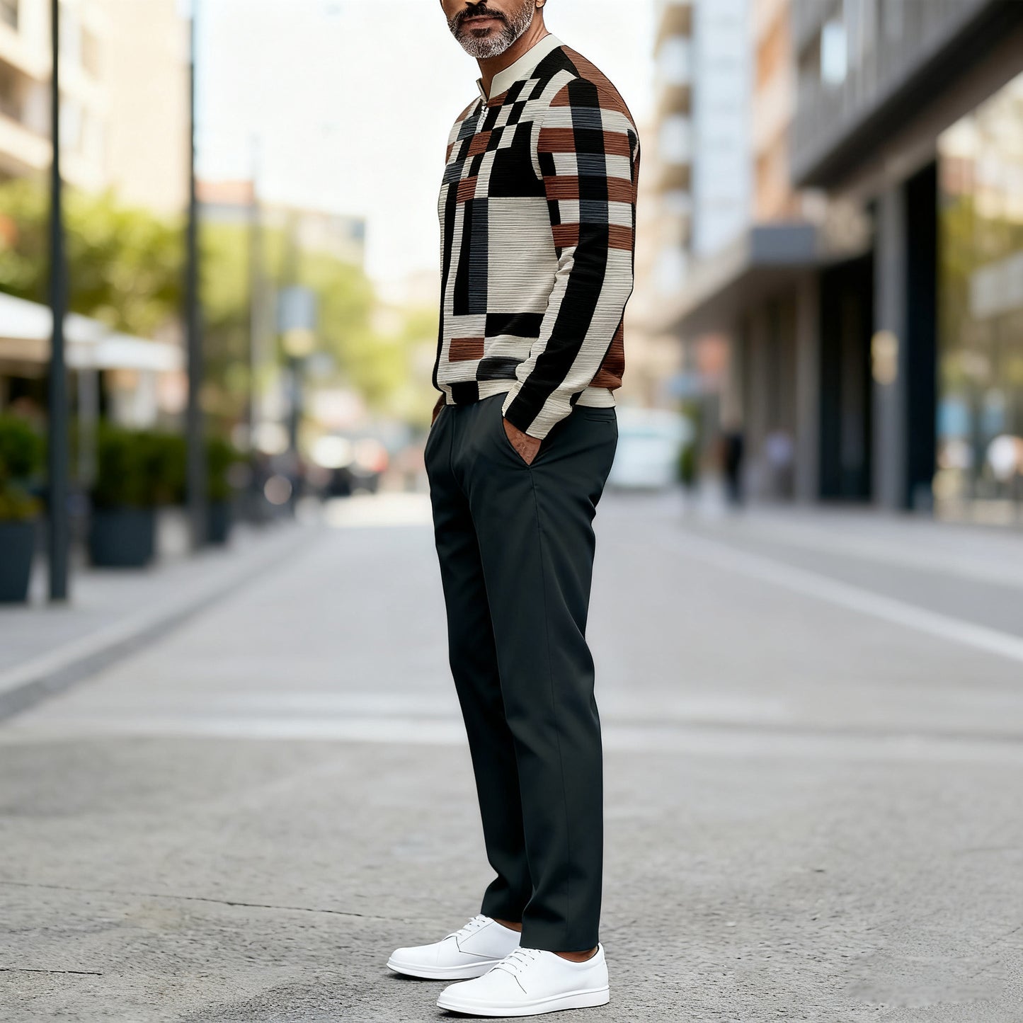 Men's Casual Color Matching Printed Round-Neck Zipper Long Sleeved Trousers Two-Piece Set