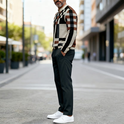 Men's Casual Color Matching Printed Round-Neck Zipper Long Sleeved Trousers Two-Piece Set