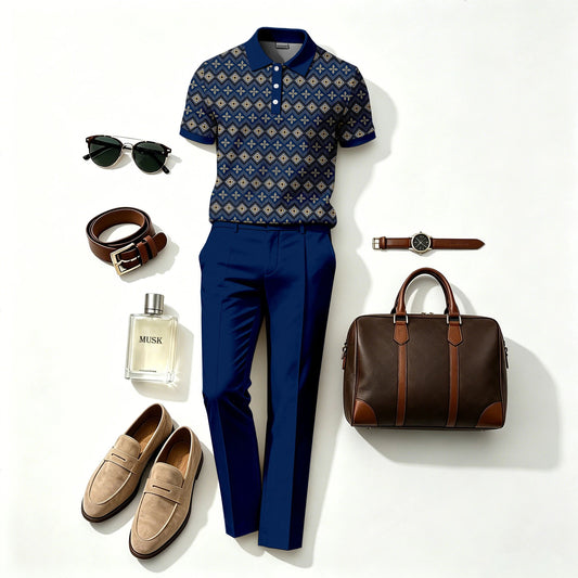 Men's Casual Retro Diamond-Patterned Printed Short-Sleeve Polo Shirt and Pants Two-Piece Set (Does Not Include Accessories Such As Watches Or Glasses)