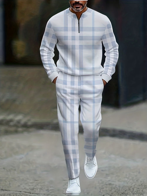 Men's Casual Blue Checked Printed Round-Neck Zipper Long Sleeved Trousers White Two-Piece Set