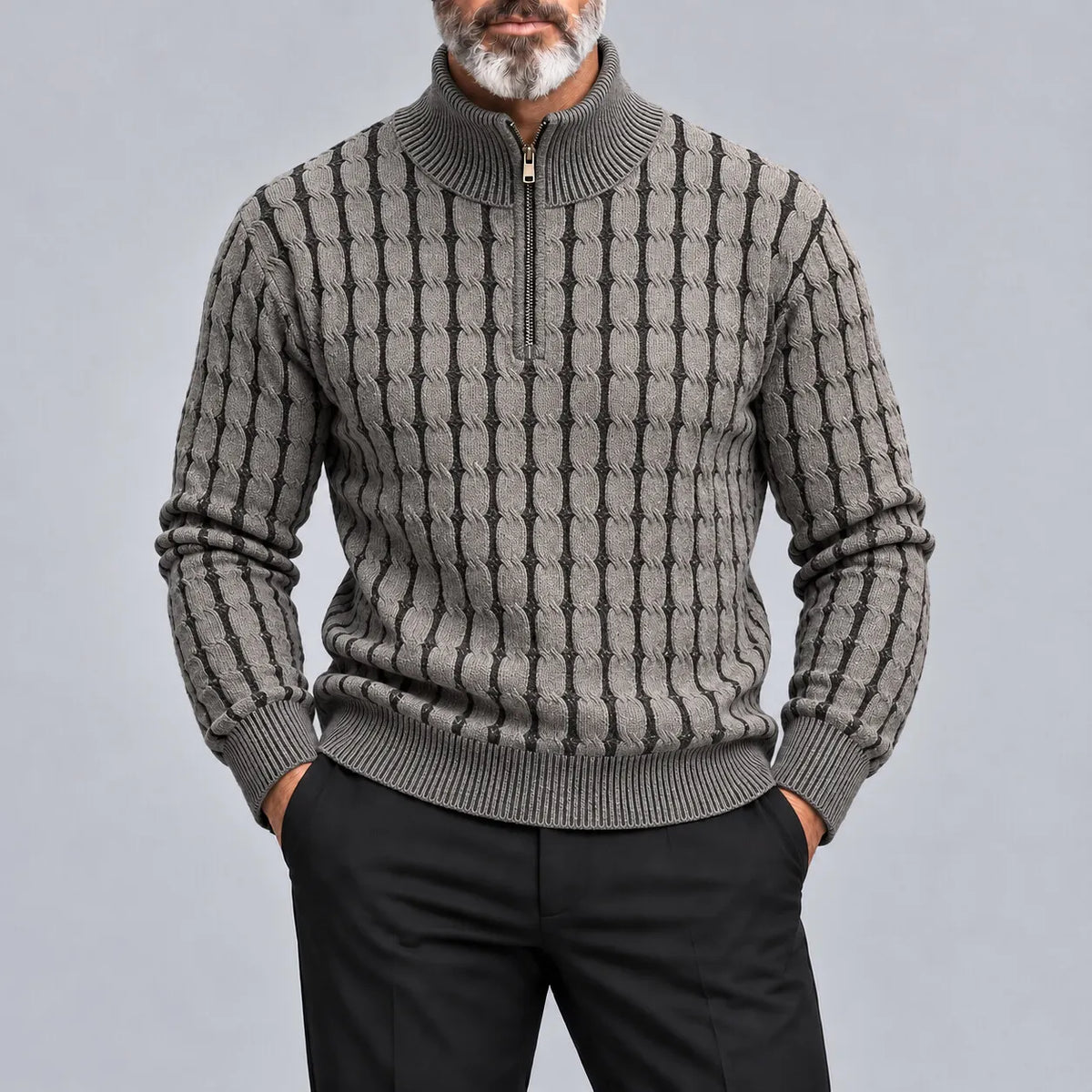 Men's Gray Cable Knit Stand Collar Quarter Zip Casual Pullover Sweater