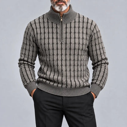 Men's Gray Cable Knit Stand Collar Quarter Zip Casual Pullover Sweater