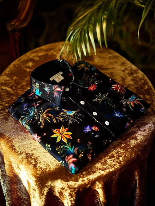 Men's Business Casual Rainbow Sparkling Floral Lapel Short Sleeve Shirt