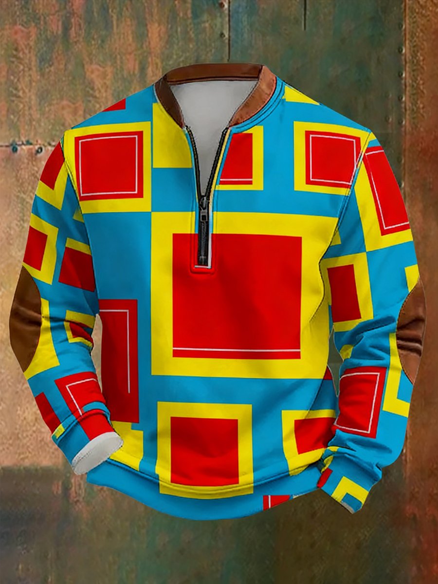 Men's Retro Bauhaus Geometric Style Print Quarter Zip Sweatshirt