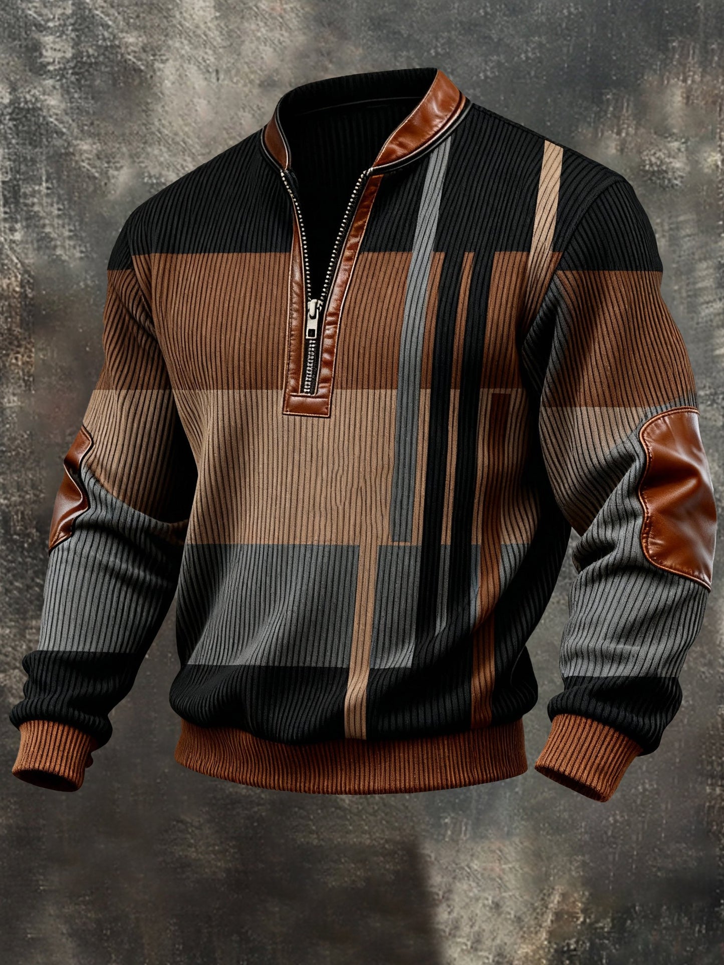 Men's Vintage Color-Block Printed Zip-Up Hoodie
