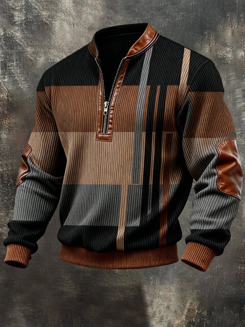 Men's Vintage Color-Block Printed Zip-Up Hoodie