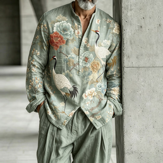 Men's Green Stand-Collar Half-Button-Down Henley Shirt and Pants