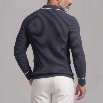 Men's Ribbed Knit Contrast Piping Chest Pockets Slim Fit Long Sleeve Polo Shirt
