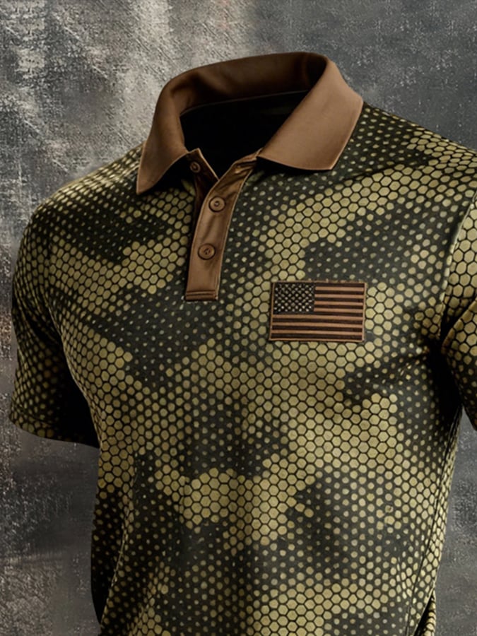 Men's Retro Patriot Color Block Polo Collar Short Sleeve