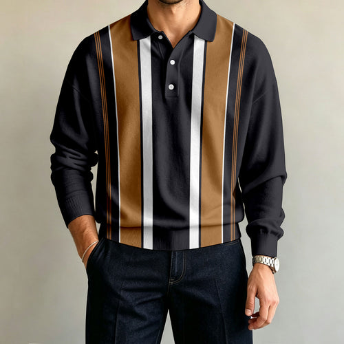 Men's Two-Tone Striped Long-Sleeve Polo Shirt