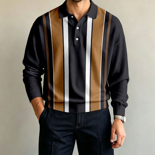 Men's Two-Tone Striped Long-Sleeve Polo Shirt