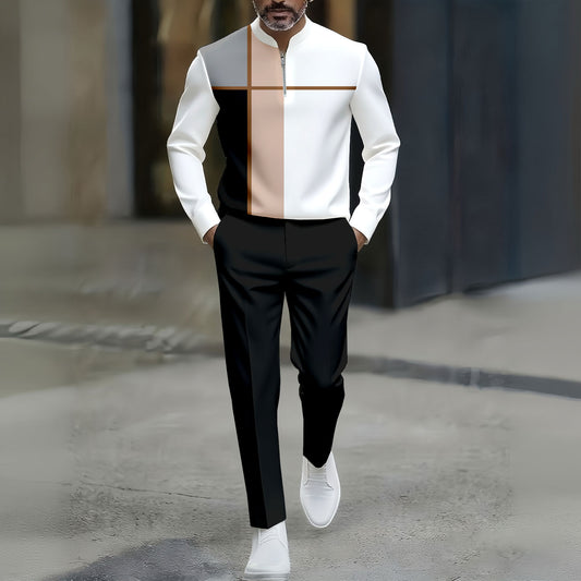 Men's Casual Black & White Color Matching Asymmetric Striped Printed Round-Neck Zipper Long Sleeved Trousers Two-Piece Set