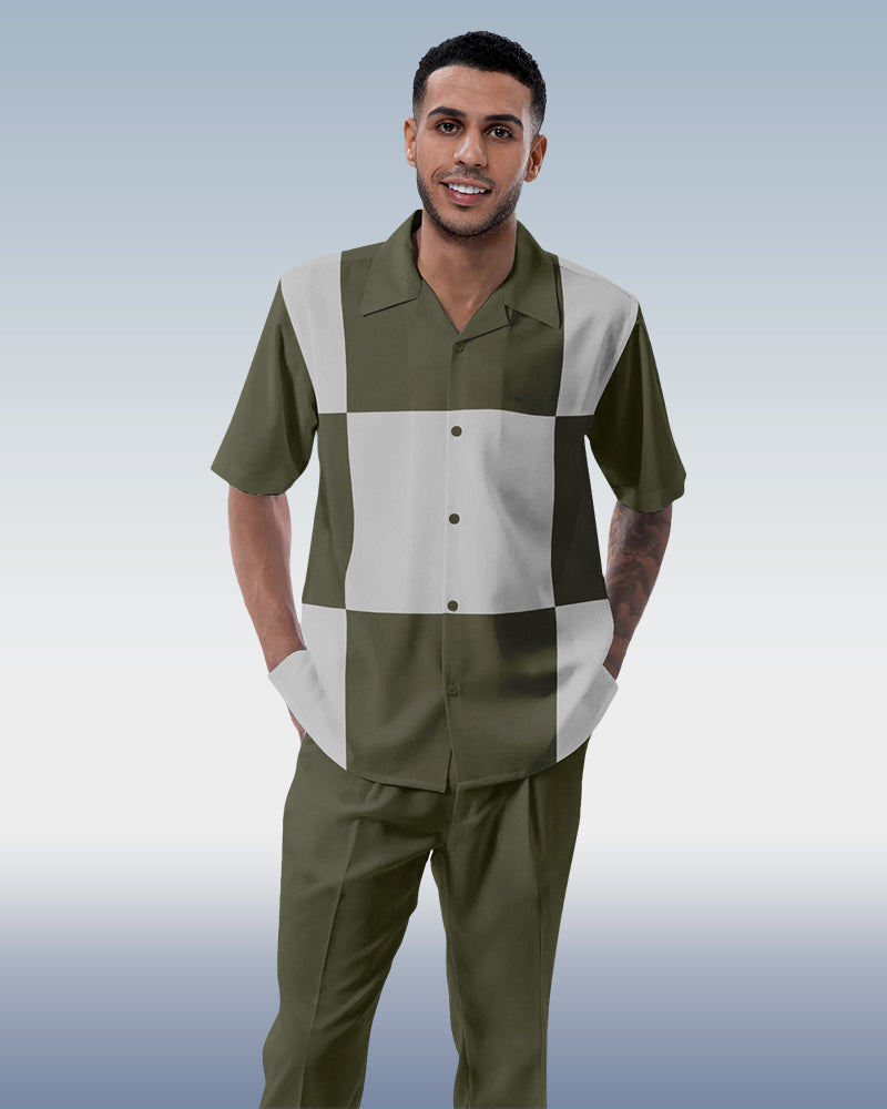 Olive Block Walking Suit 2-Piece Short Sleeve Suit