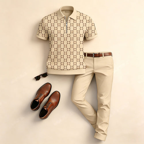 Men's Casual Vintage Print Short-Sleeve Polo Shirt And Pants Two-Piece Set