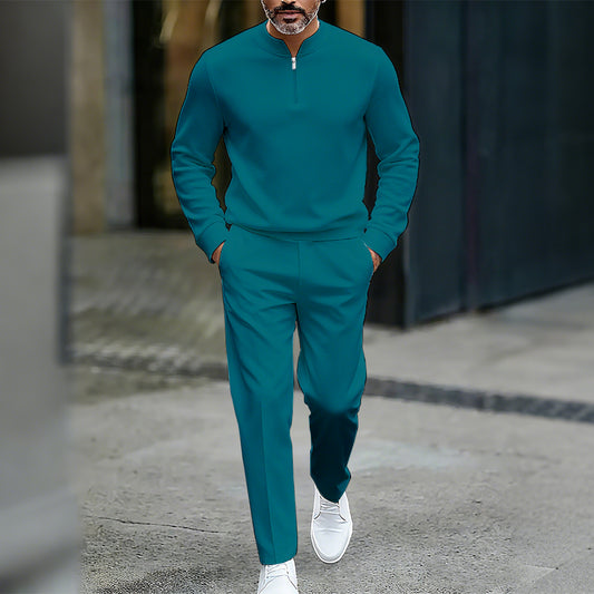 Men's Casual Solid Color Round-Neck Zipper Long Sleeved Trousers Two-Piece Set