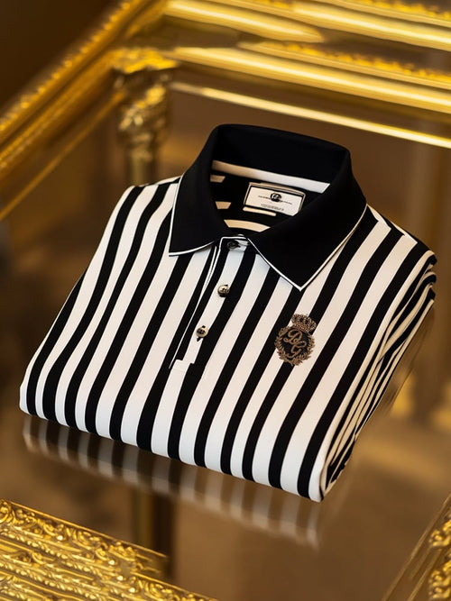 Men's Classic Business Check Logo Button Short Sleeve Polo Shirt