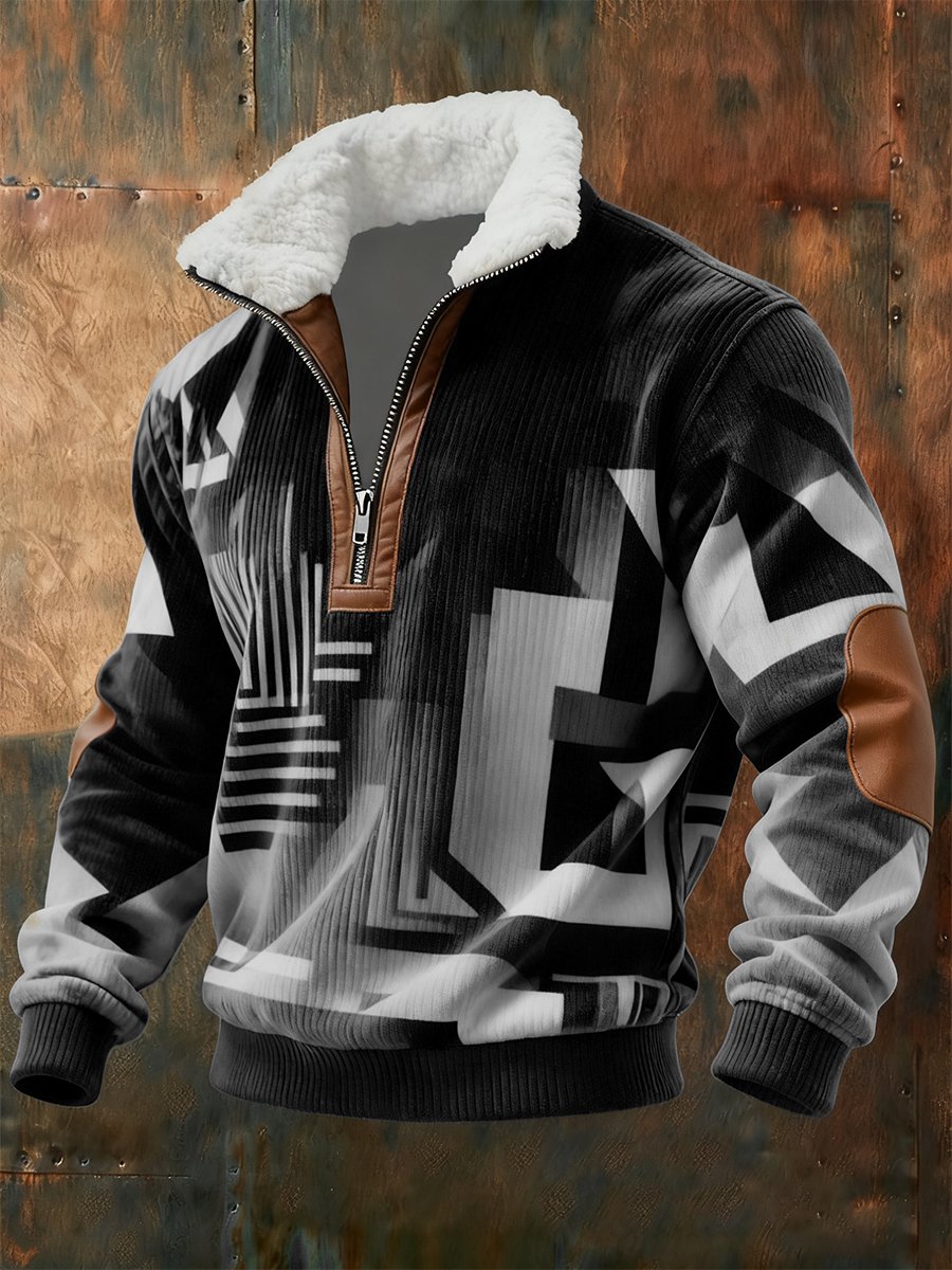 Men's Retro Geometric Quarter Zip Fleece Neck Sweatshirt