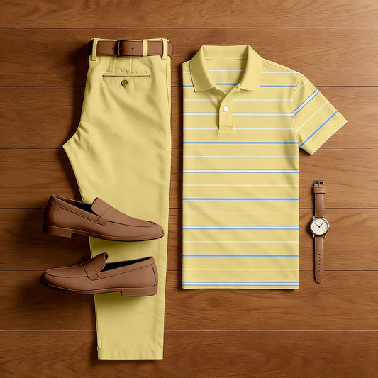 Men's Casual Beige Stripes Printed Polo Shirt And Pants Two-Piece Set