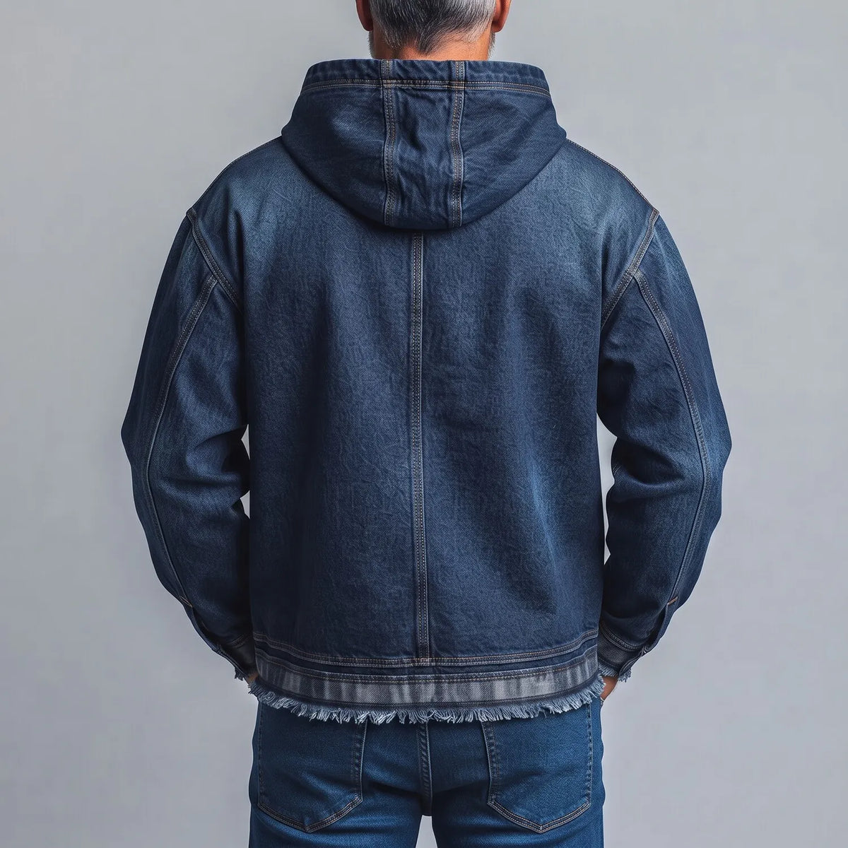 Men's Dark Blue Chest Pocket Frayed Hem Drawstring Pullover Denim Hoodie